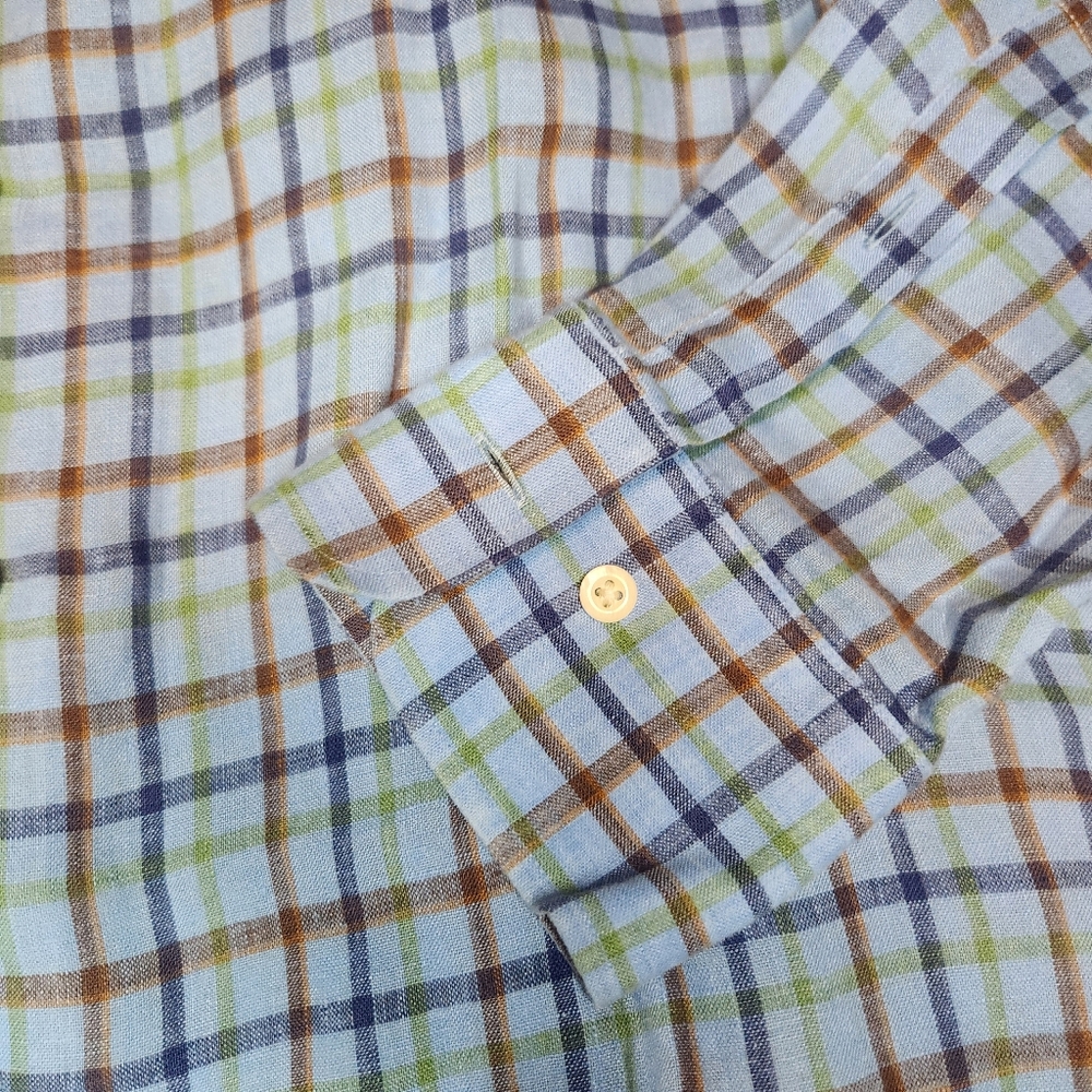 Peter Millar 100% Linen Mens Size Large Blue Plaid Long Sleeve Button Down Shirt - Picture 2 of 6